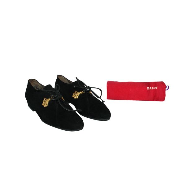 Bally Black Suede Lace Up Shoes With Golden Elements