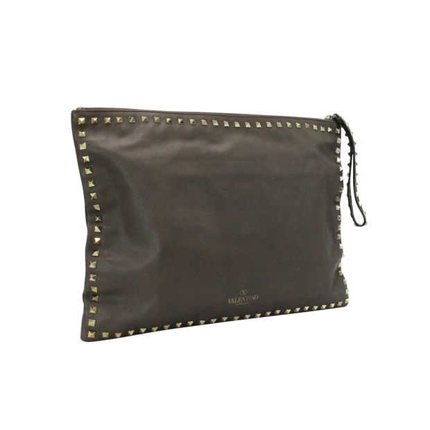 Valentino Brown Leather Large Rockstud Clutch