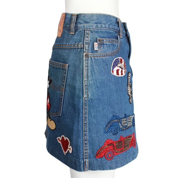 Marc Jacobs Denim Mini Skirt - Hand Sewn Sequin, Pearl & Crystal Embroidered Badges