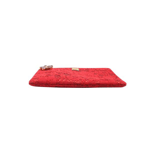 Dolce & Gabbana Zip Pouch With Swarovski Crystal Charm in Red Lace