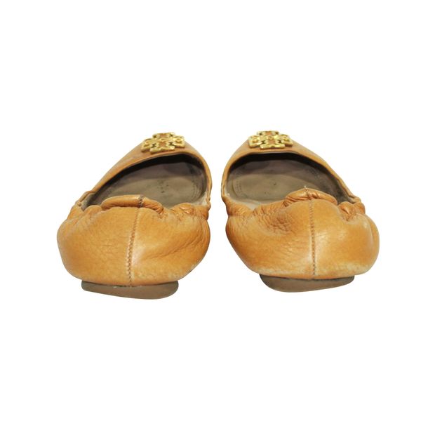 TORY BURCH Brown Leather Ballerinas with Golden Logo