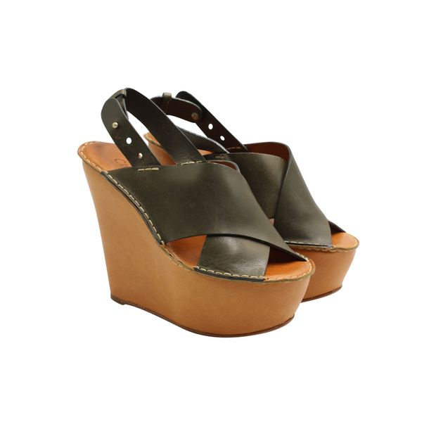 CHLOÉ Tucson Calf Criss Cross Wedges In Olive Brown