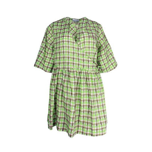 Ganni Checked Seersucker Wrap Dress in Green Organic Cotton