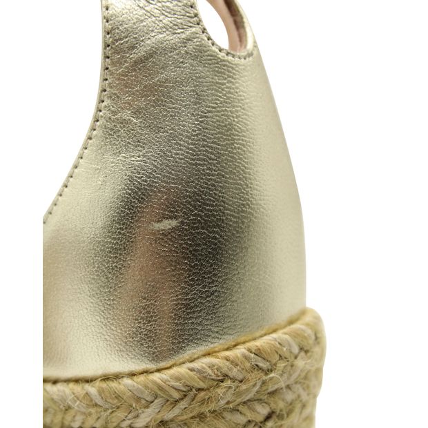 Stuart Weitzman Espadrille Ankle Strap Wedge in Gold Leather