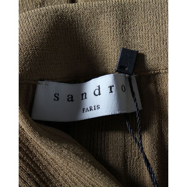 Sandro Paris Ribbed Pleated Midi Skirt in Khaki Viscose