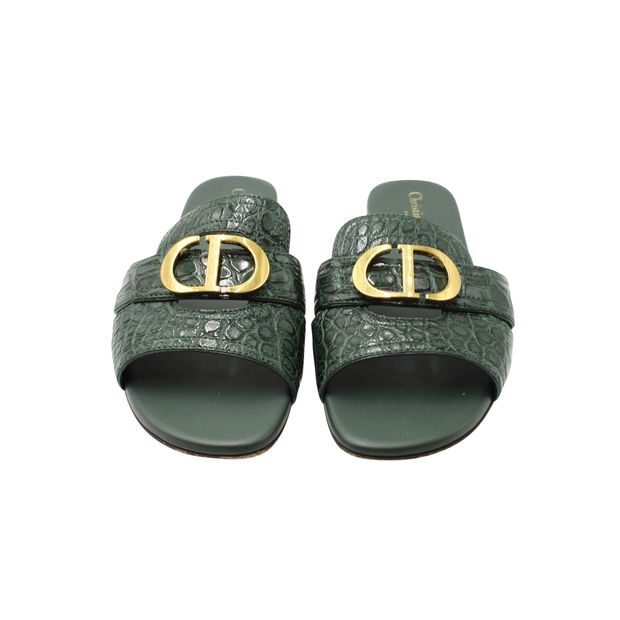 Dior 30 Montaigne Bottle Green Croc Embossed Flat Mules/ Sandals