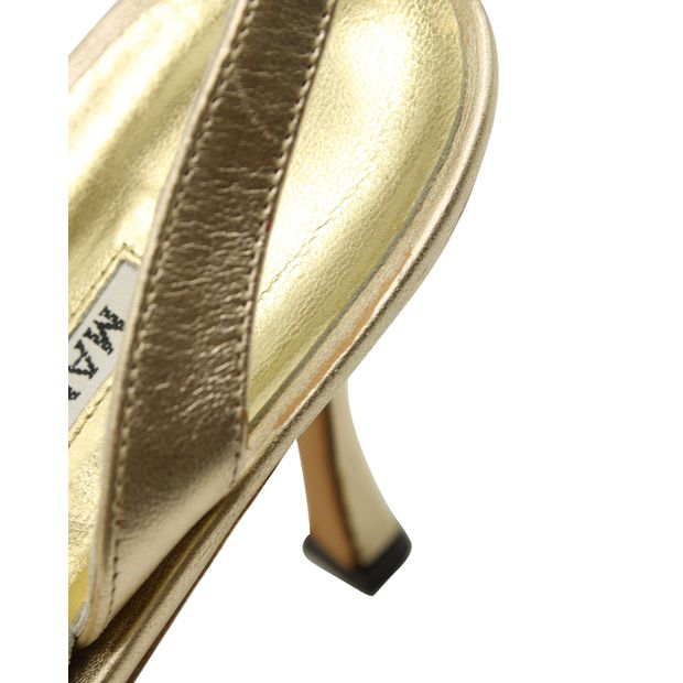 Manolo Blahnik Crystal-Embellished Sandals in Gold Leather
