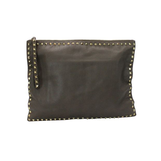 Valentino Brown Leather Large Rockstud Clutch