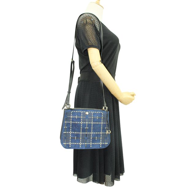 Loro Piana Leather And Suede Dark Blue Checked Shoulder Bag