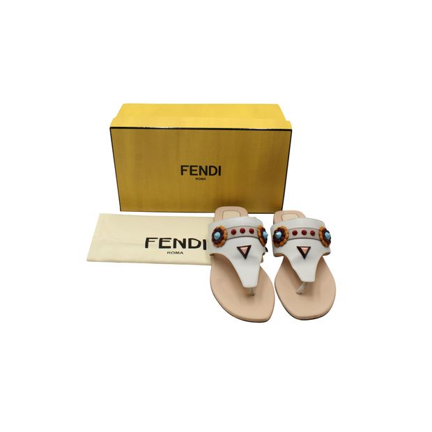 FENDI Light Grey Leather Studded Thong Sandals