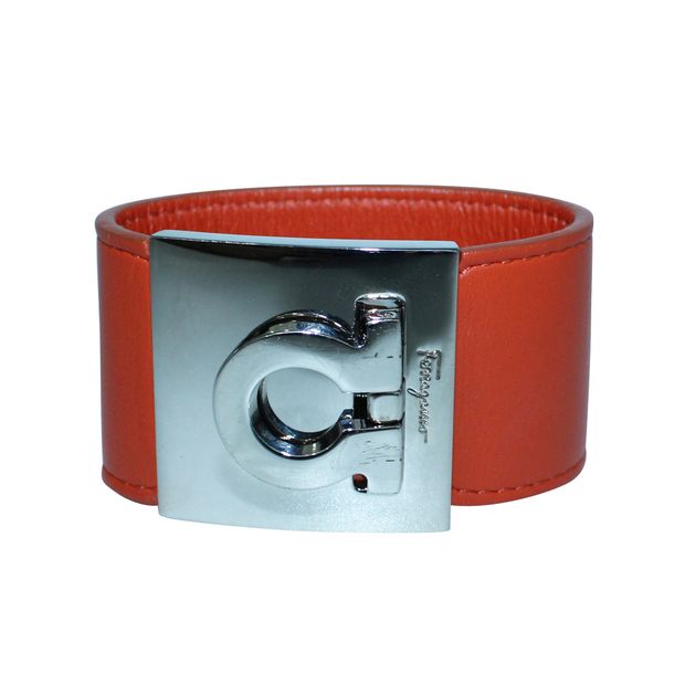SALVATORE FERRAGAMO Orange Leather Wide Gancio Bracelet