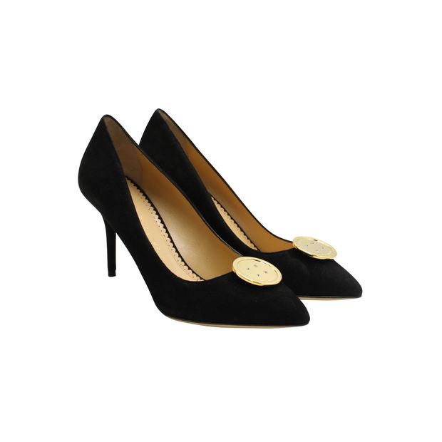 Charlotte Olympia Black Suede Limited Edition Desiree Button Up Pumps