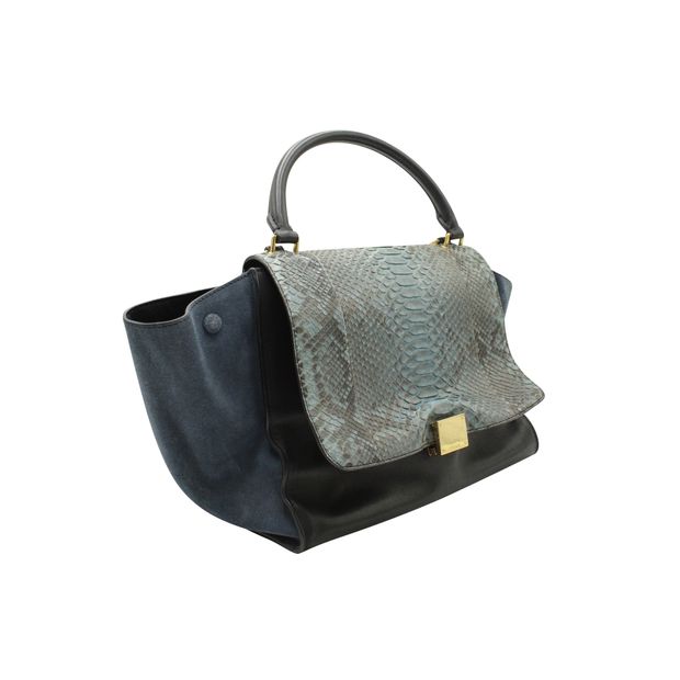 Blue/Black Python Leather and Suede Trapeze Bag