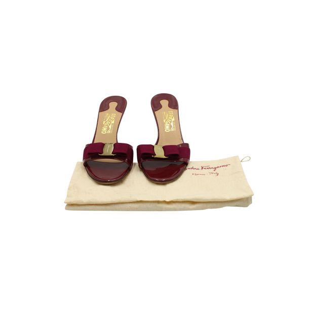 Salvatore Ferragamo Vara Bow Open Toe Sandals in Burgundy Patent Leather