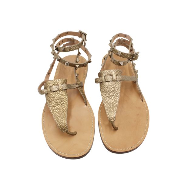 VALENTINO Brown Grain Leather Rockstud Ankle Wrap Thong Sandals
