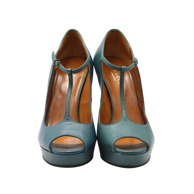 Gucci Teal Leather Betty T-Strap Platform Pumps
