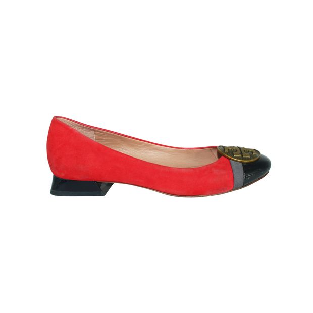 TORY BURCH Red Suede Low Heels with Brass Logo