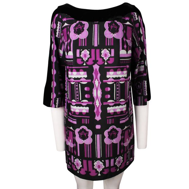 ANNA SUI Dolly Girl Black & Purple Printed Dress with Velvet Boat Neck