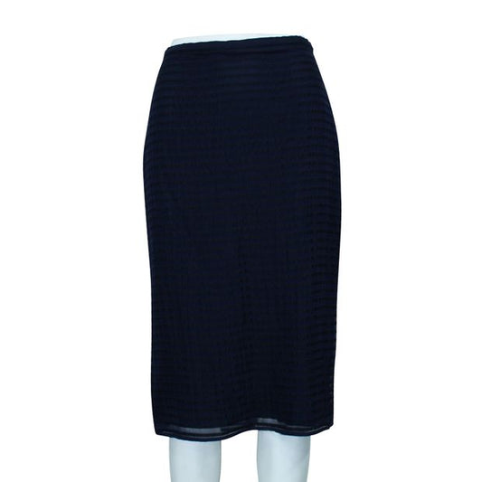 Navy Blue Striped Wool and Silk Blend Midi Skirt