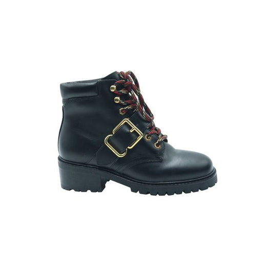 Sandro Buckle Combat Boots in Black Leather