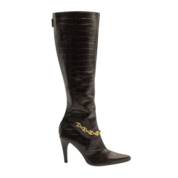 Celine Brown Croc Embossed Leather Boots With Gold Chain
