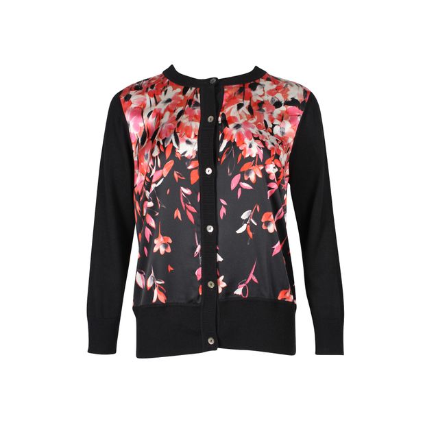 Contemporary Designer Black Cardigan With Silk Floral Front Panels