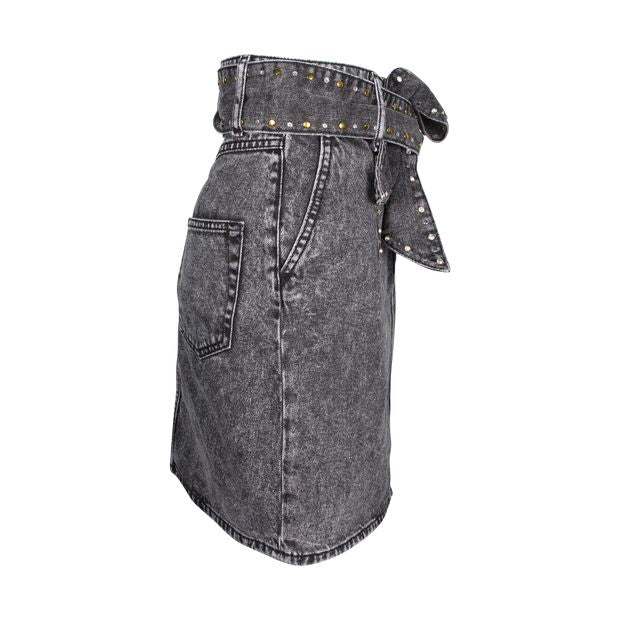 Sandro Paris Fredie Belted Embellished Acid-wash Denim Mini Skirt in Grey Cotton