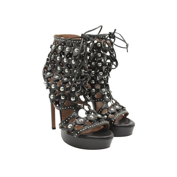Black Studded Leather Lace Up Open Toe