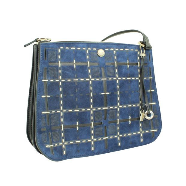 Loro Piana Leather And Suede Dark Blue Checked Shoulder Bag