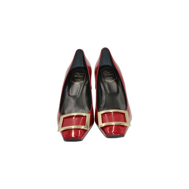 Roger Vivier Trompette 70 Metal Buckle Pumps in Red Patent Leather