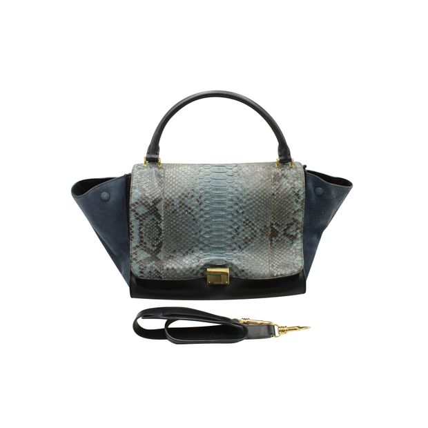 Blue/Black Python Leather and Suede Trapeze Bag