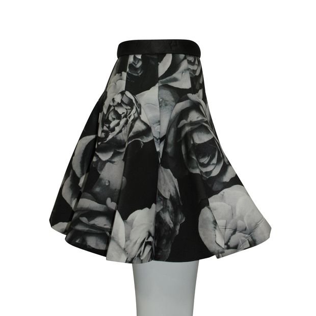 Contemporary Designer Black & White Rose Pattern Flared Skirt