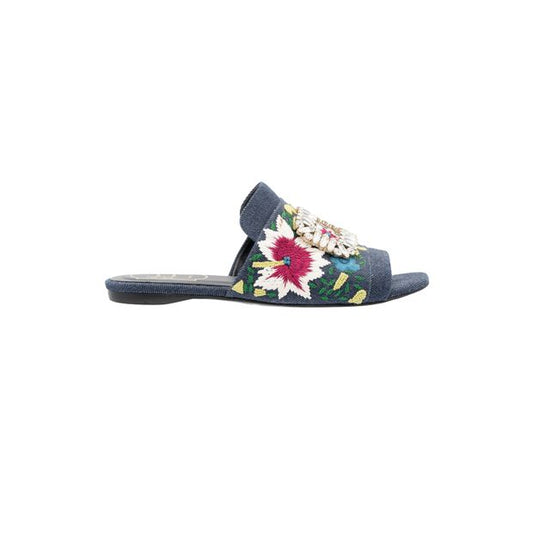 Roger Vivier Strass-Buckle Floral Denim Slide Sandals