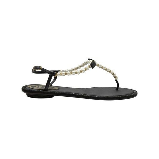 Rene Caovilla Pearly & Crystal Thong Sandals in Black Leather