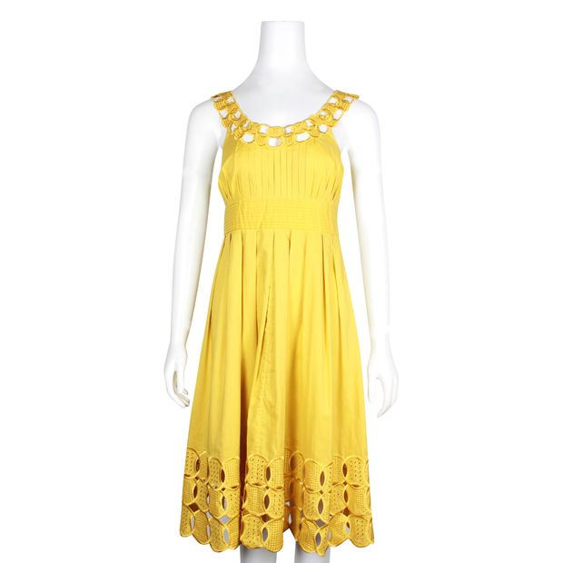 CONTEMPORARY DESIGNER Mustard Dress with Embroidered Neckline & Hem