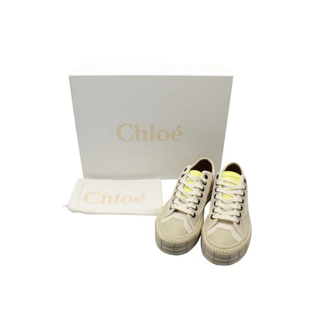 CHLOÉ Off-Whitte Sneakers with Neon Green Details