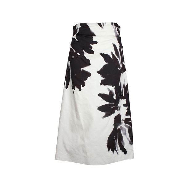 Dries Van Noten Abstract Floral Print Midi Skirt in Black and White Cotton