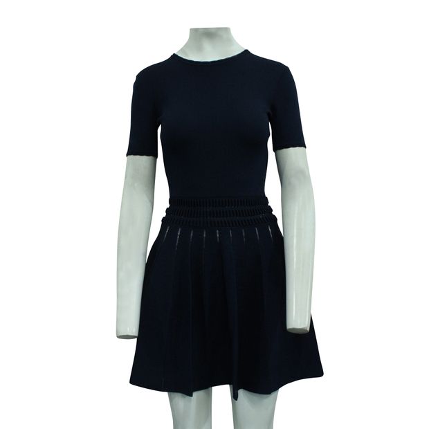 Alaia Navy Blue Knitted Dress With Textured Waist