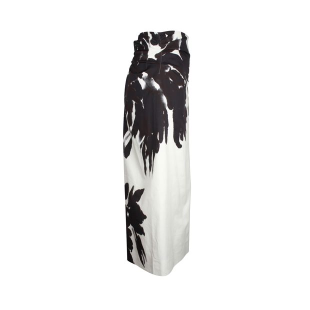 Dries Van Noten Abstract Floral Print Midi Skirt in Black and White Cotton