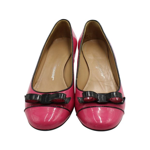 Salvatore Ferragamo Pink Patent Leather Block Heels With Bow Detail