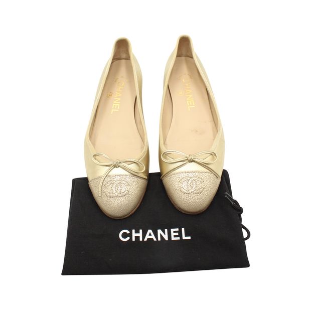 Gold Stingray Embossed Leather Cap Toe Ballet Flats