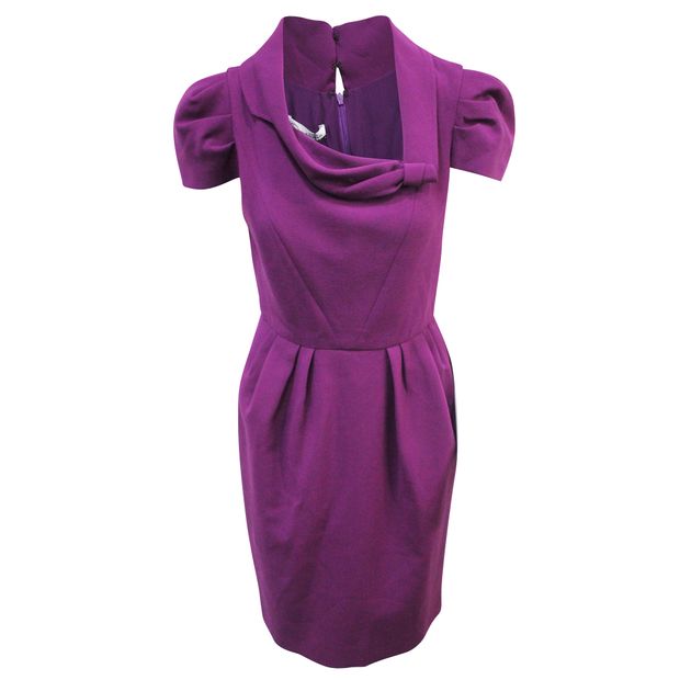 OSCAR DE LA RENTA Purple Pleated Short Sleeve Midi Dress