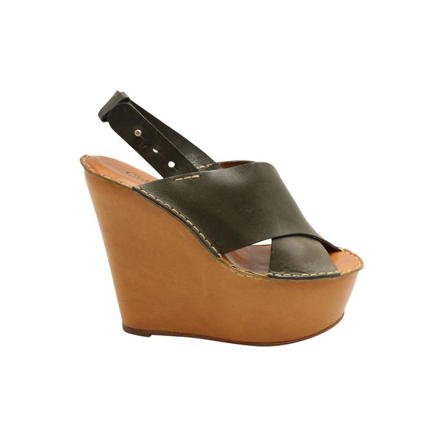 CHLOÉ Tucson Calf Criss Cross Wedges In Olive Brown