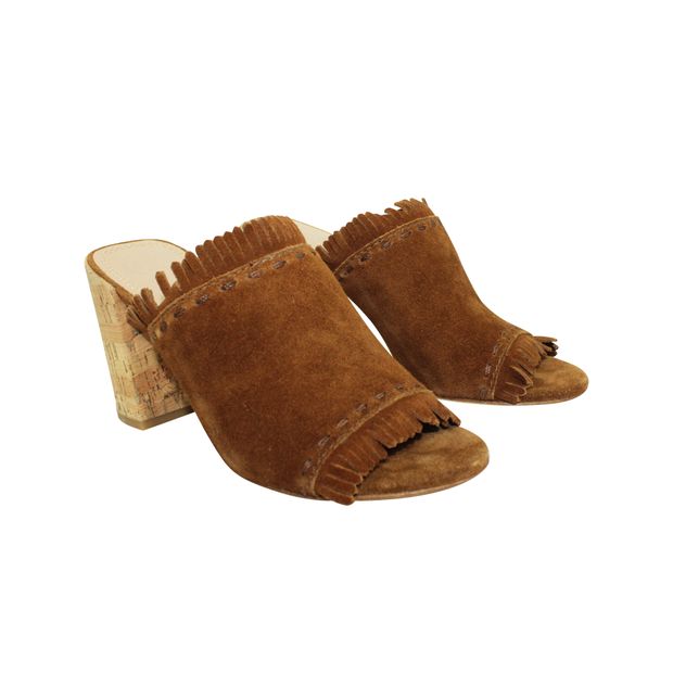 TORY BURCH Brown Suede Mules with Fringes