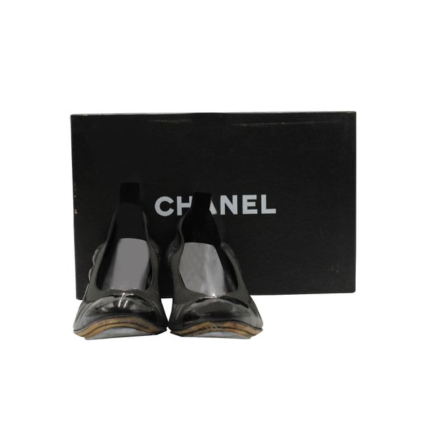 Chanel Black Block Heels With Patent Leather Tips