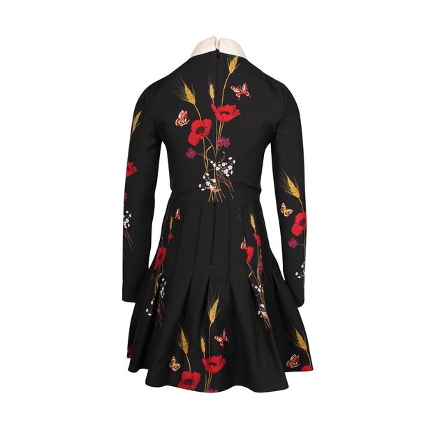 Valentino Garavani Collared Long Sleeve Mini Dress in Floral Print Black Wool