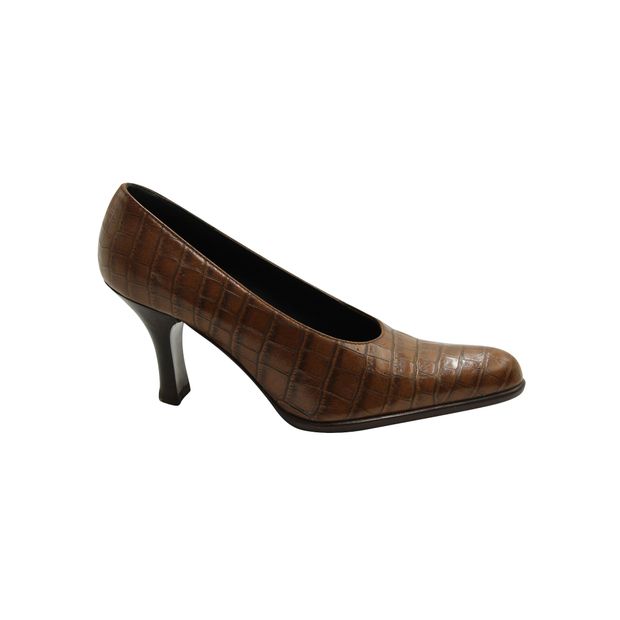 CONTEMPORARY DESIGNER Brown Leather Embossed Vintage Heels