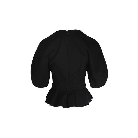 Alexander McQueen Round Sleeve Peplum Top in Black Wool