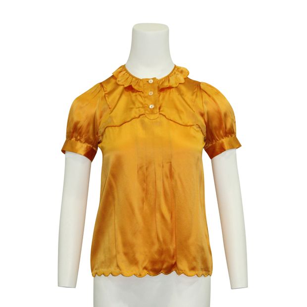 Contemporary Designer Orange Silk Top With Scalloped Collar & Hem