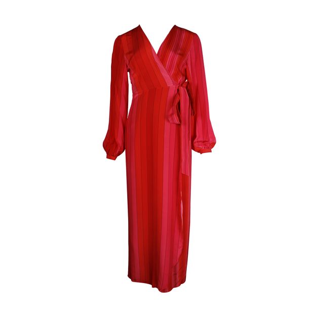 Rixo Red & Pink Striped Silk Wrap Dress